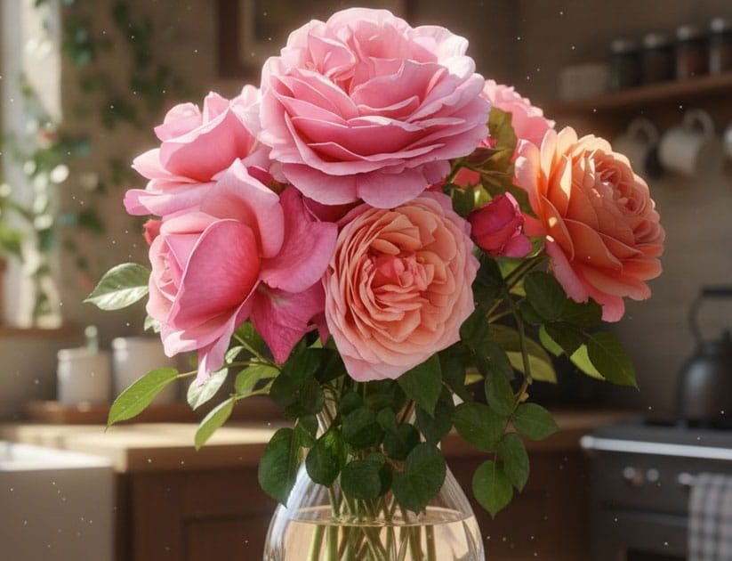 A bunch of pink Saga roses in a vase in a kitchen