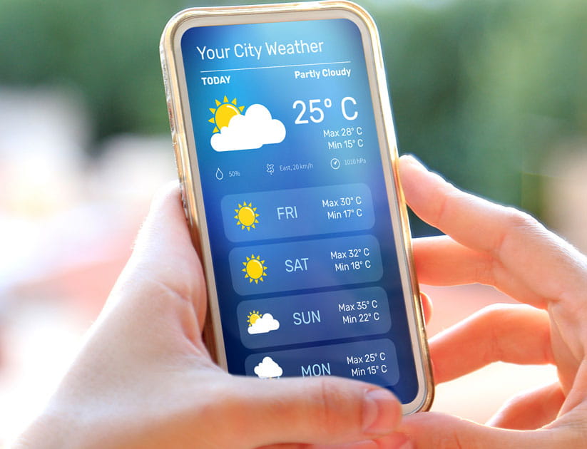 Woman outdoors checking weather forecast on her smartphone