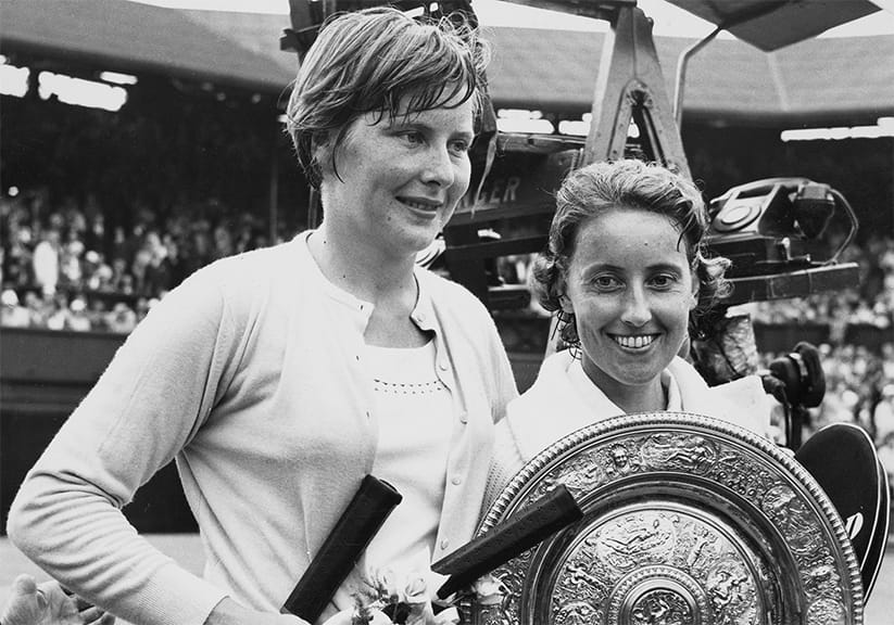 Christine in 1961 with Angela Mortimer after their Wimbledon Ladies’ final match