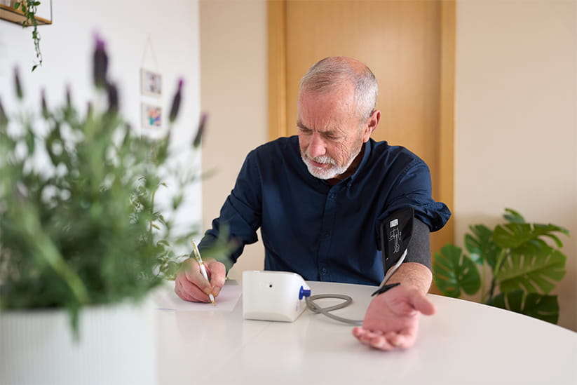 Senior man sitting at a table, taking his blood pressure with a digital device and writing down the results