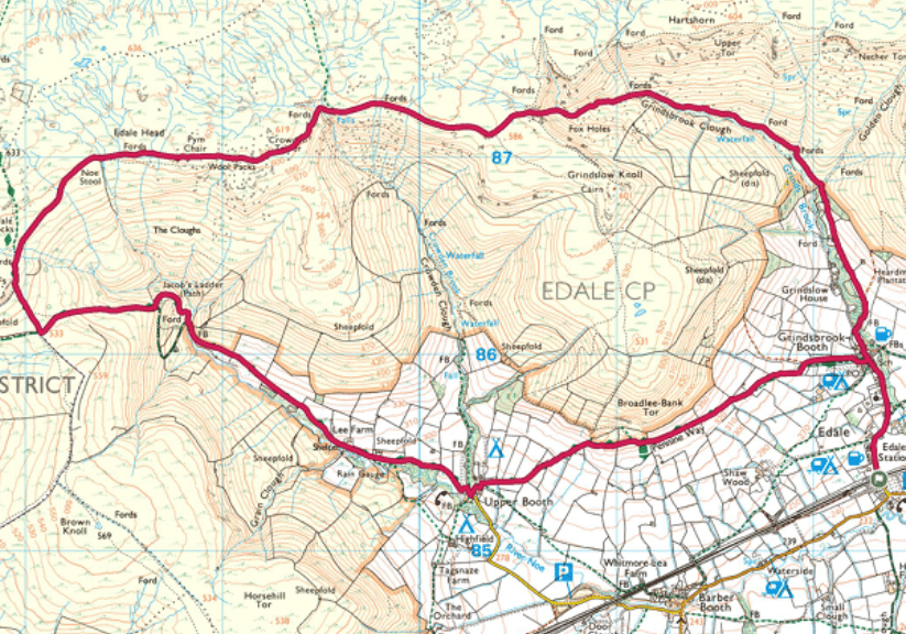 An OS map of the Kinder Scout route described