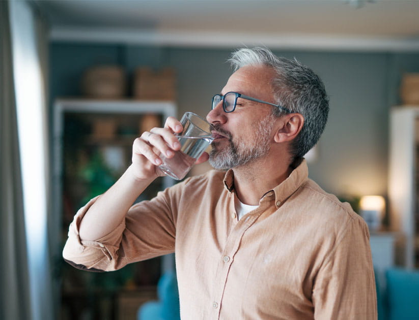 Side view of mature man wearing glasses and drinking water whilst standing indoors