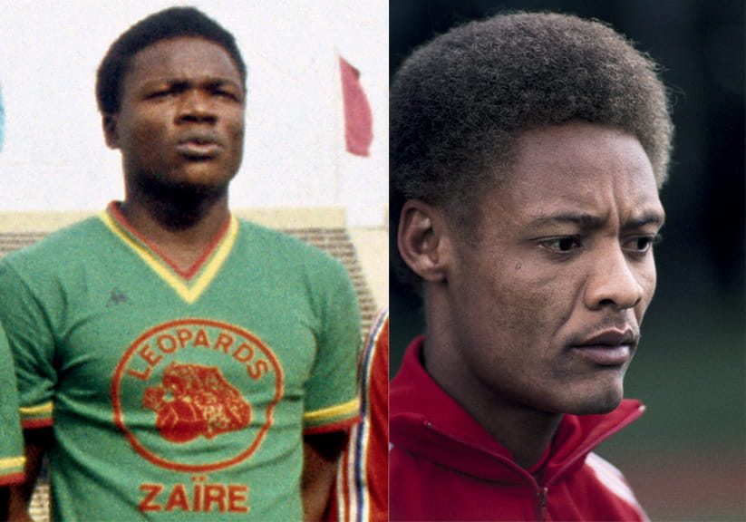 Footballer Mwepu Ilunga in 1974 in his Zaire kit on the left, and Haitian player Ernst Jean-Joseph on the right