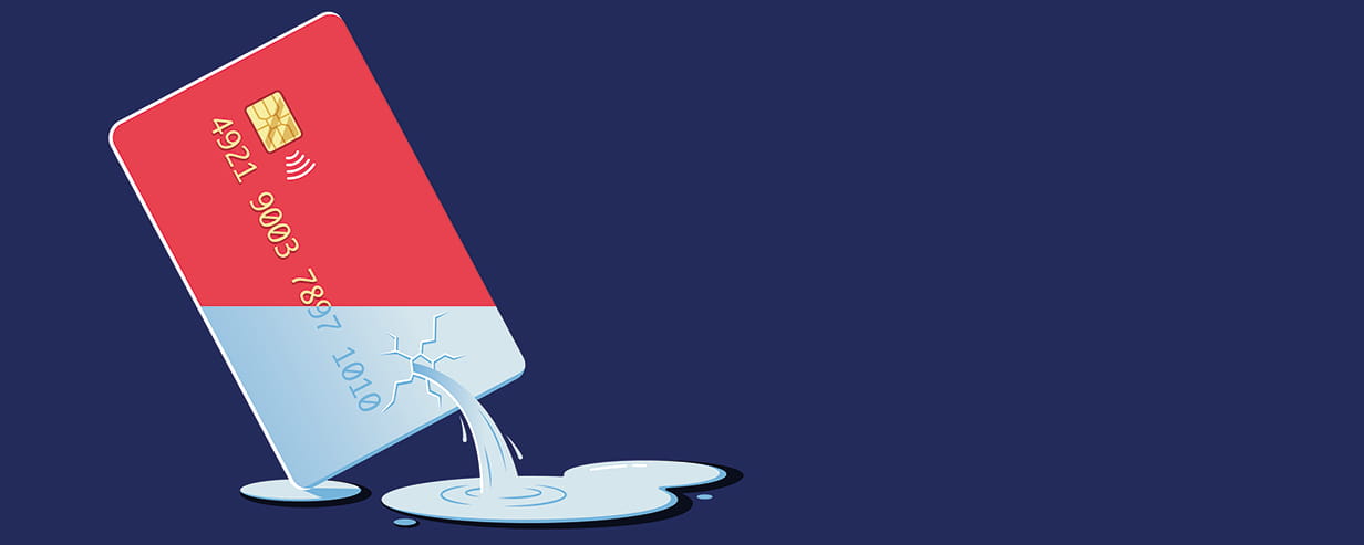 An illustration of a credit card with a hole in it leaking water on a dark blue background