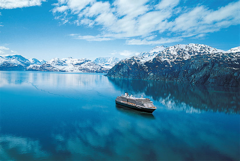 A Holland America Line ship sailing through Glacier Bay 