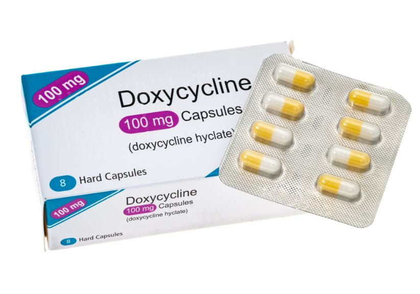 A box of generic Doxycycline antibiotic pills.