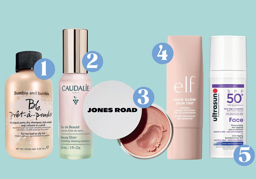 The mentioned beauty products on a light blue background