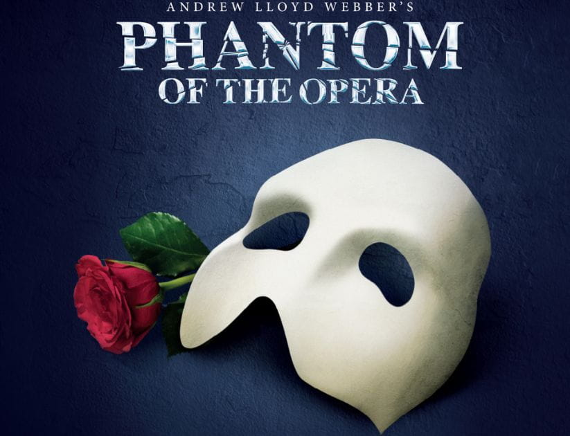 Phantom of the opera mask with a rose next to it and the title above