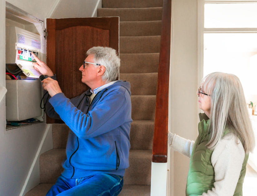 A senior male home owner checks electric fuses at home. He is sitting on the stairs while examining the fuse box. A female home owner stands nearby, observing the man.