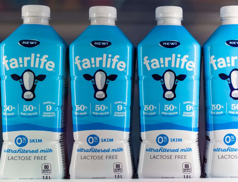 Fairlife lactose free milk plastic bottles in a supermarket 