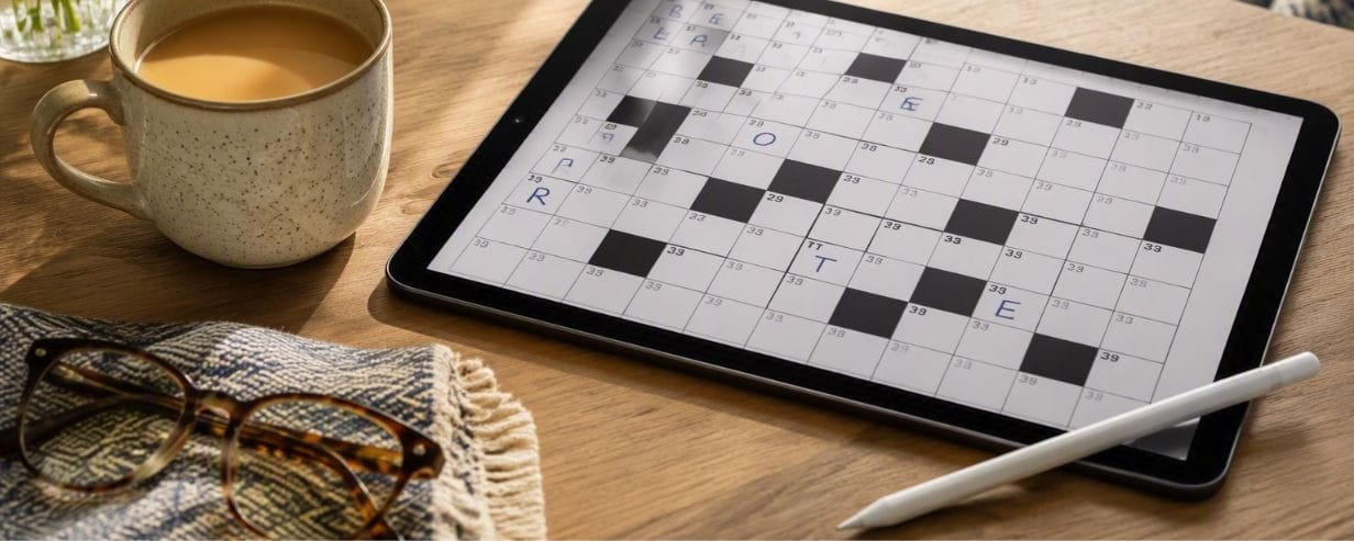 Codeword puzzle on an electronic tablet next to a cup of coffee on a wooden table