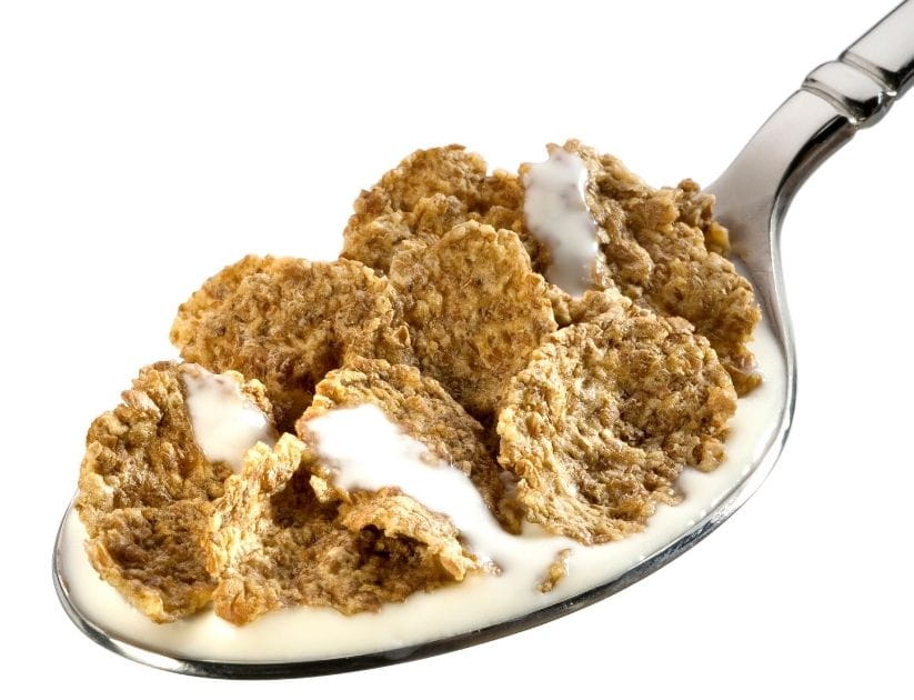 A spoonful of Kellogg bran flakes and milk whole milk
