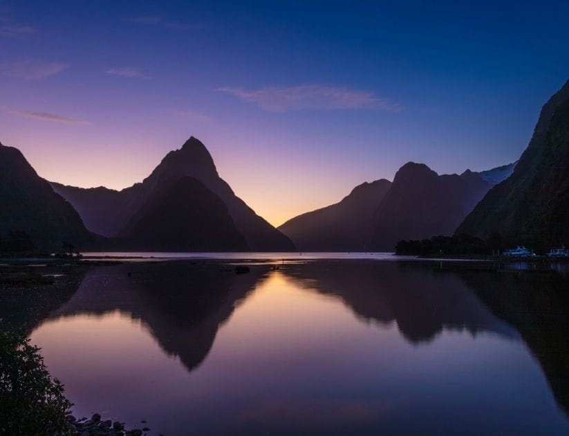  The Mitre Peak of Milford Sound at dusk on a cloudless evening