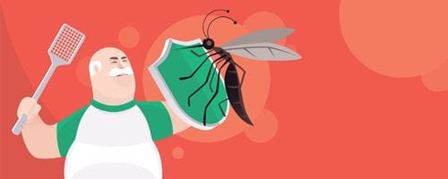 Man holding shield and defending large mosquito
