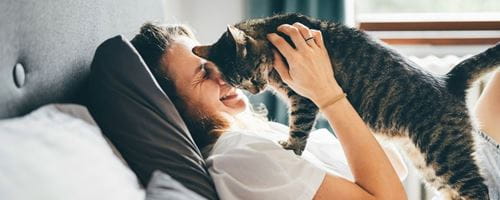  Woman cuddling with cat in the bed