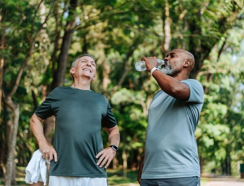 Mature friends walking in a public park while drinking bottled water