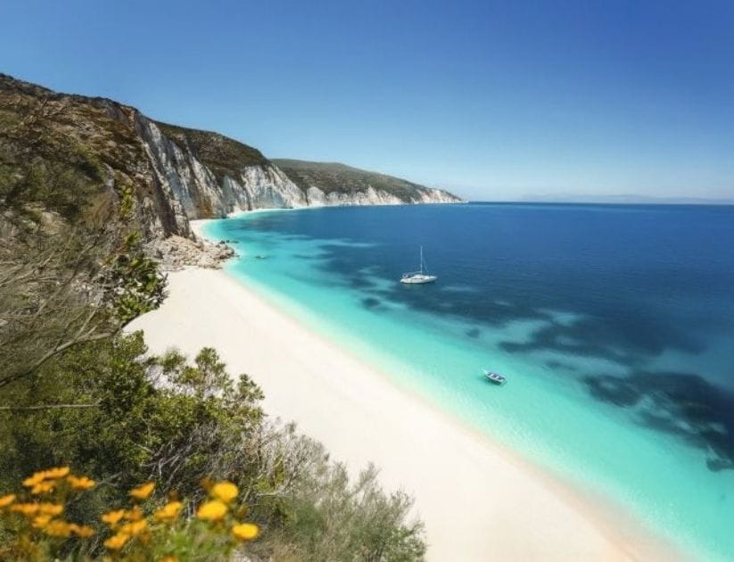 A landscape view of a beach in Kefalonia, Greece on a sunny day