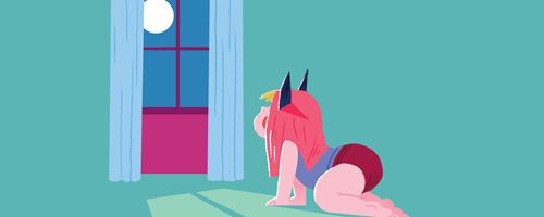 Stylised toddler with wolf ears crawling on the floor and looking up at a full moon through the window