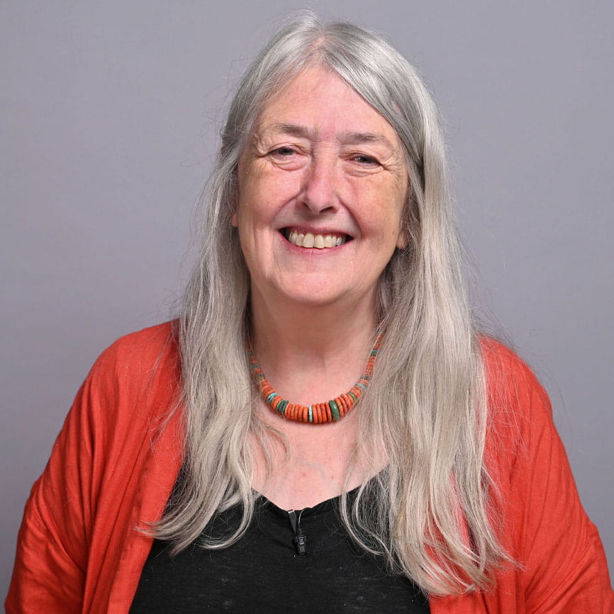 head and shoulders shot of Dame Mary Beard facing the camera wearing an orange cardigan