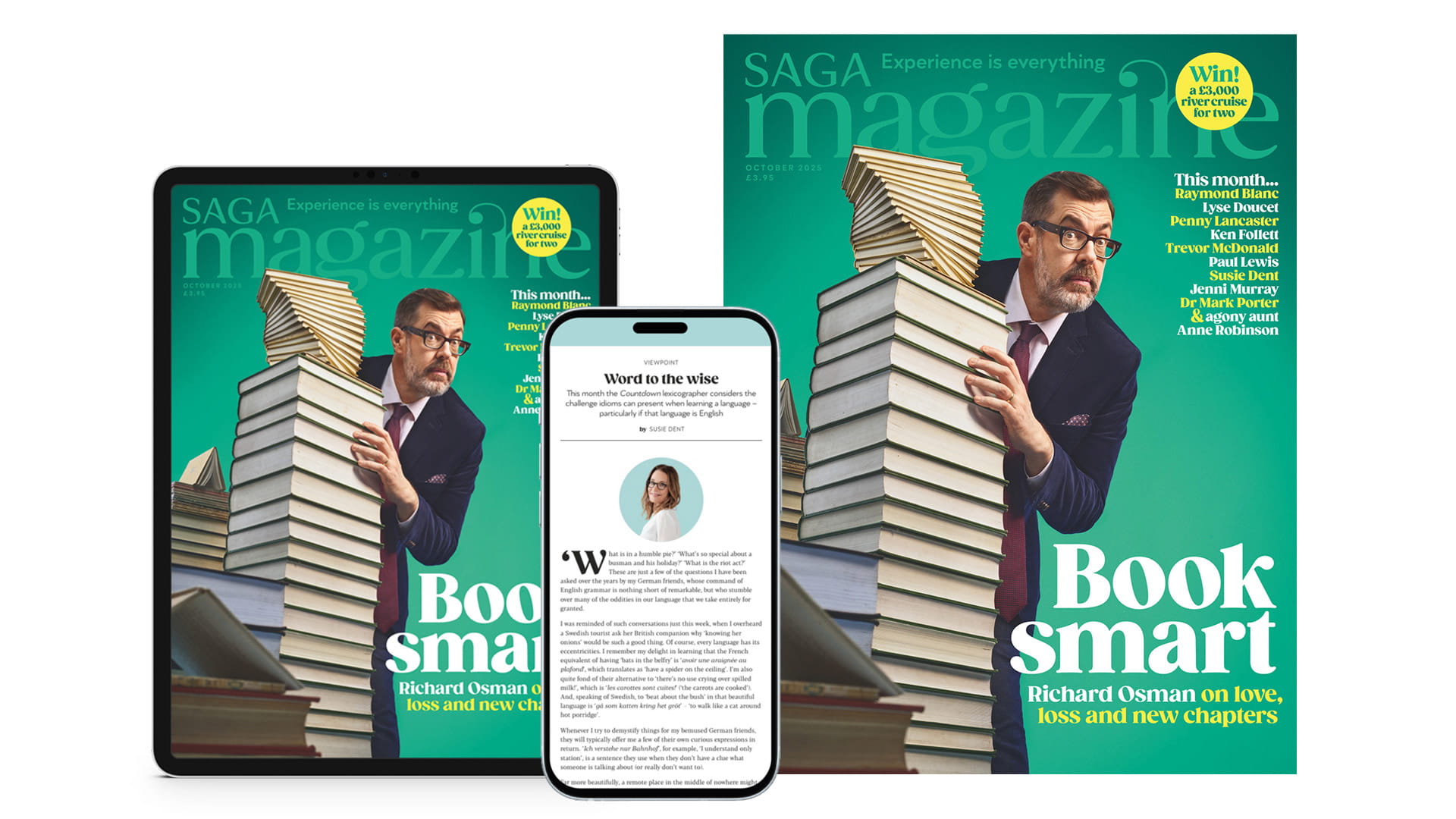 A tablet, a mobile phone and a print magazine