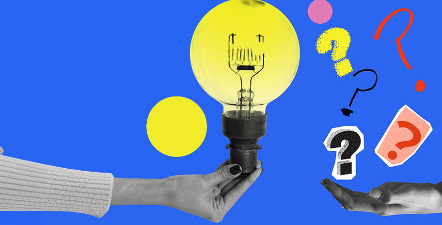 An illustration of floating question marks and a lightbulb being held by hands