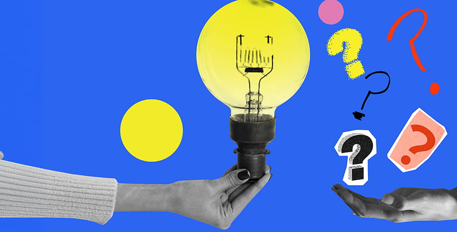 An illustration of floating question marks and a lightbulb being held by hands