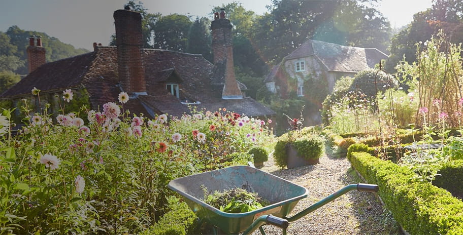 a beautiful UK country garden with a wheelbarrow
