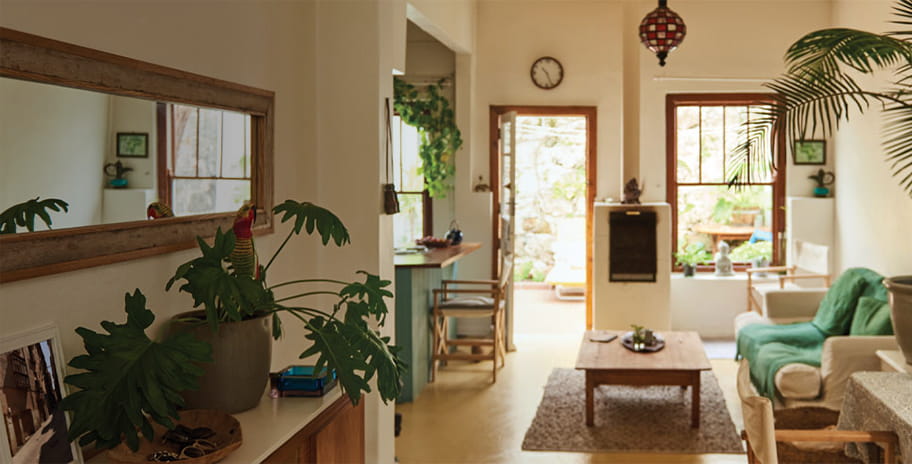 Cool house in summer with cream walls and plants