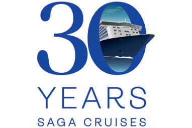 Text reads: 30 years Saga cruises in a dark blue on a white background. There's a stylised front of a cruise ship in the 0 of the '30'