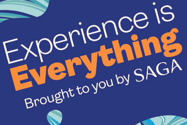 Text reads: Experience is everything brought to you by Saga on a dark indigo background and lighter blue marbling around the edges