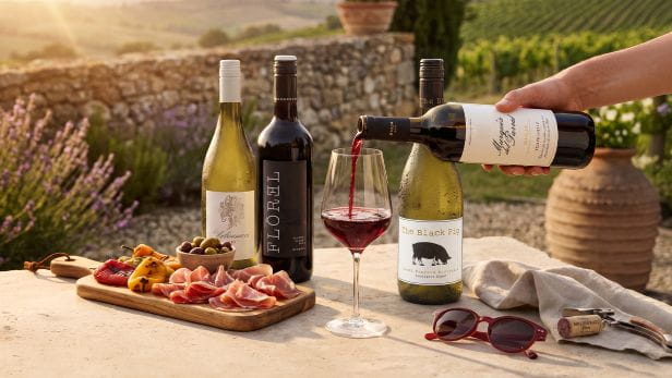 four bottles of wine and glass being poured