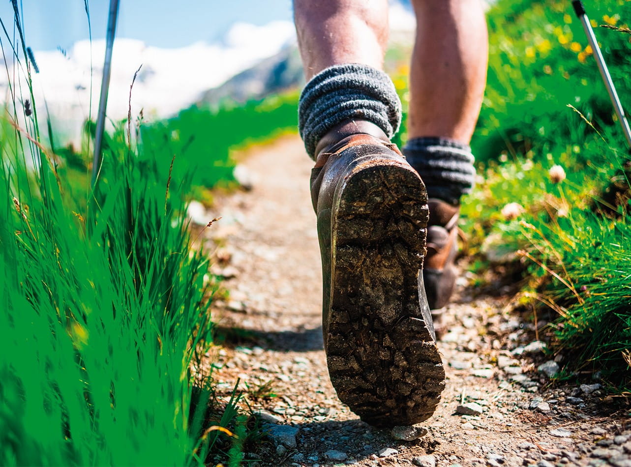 A person in boots walking along a rough track between green grass and flowers