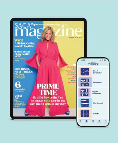 Sophie Raworth Saga Magazine cover on a tablet, next to a mobile phone showing a collection of puzzles
