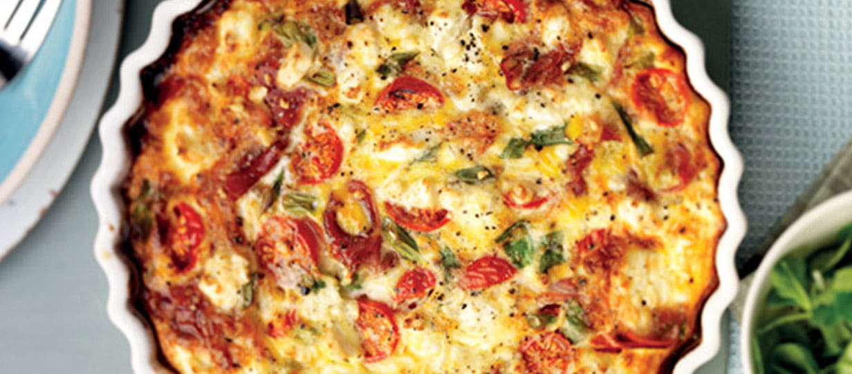 Baked quiche in a dish, shown from above