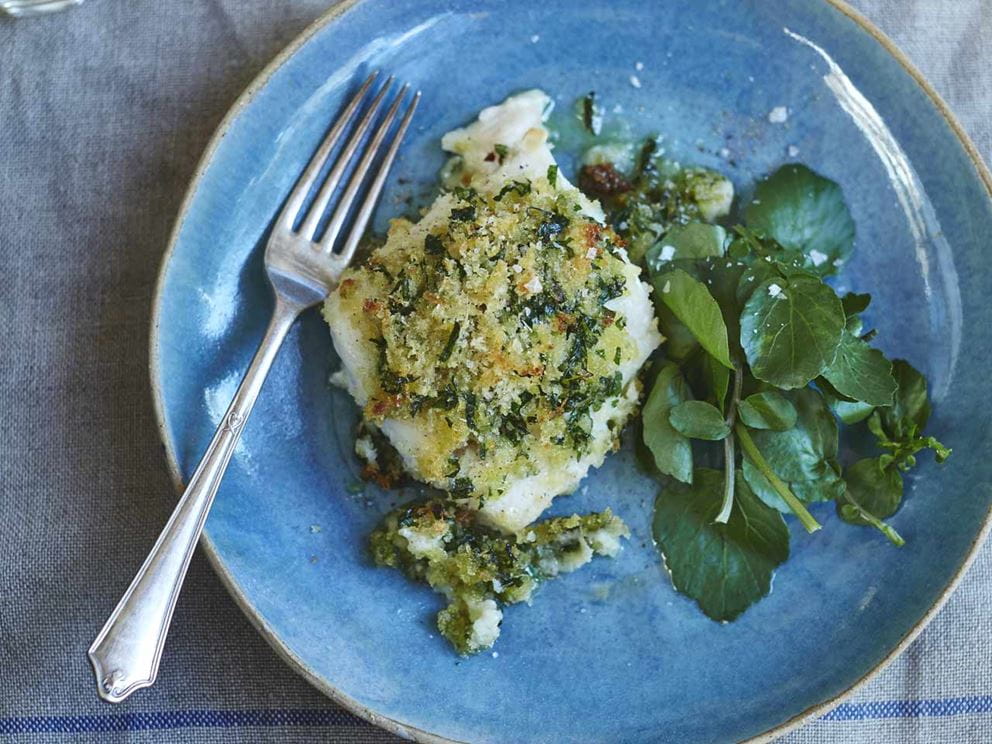 Baked cod with a herb and mature Cheddar breadcrumb crust