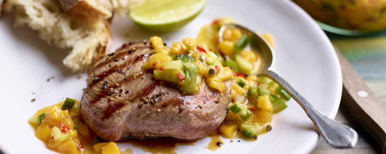 BBQ lamb steak with mango salsa