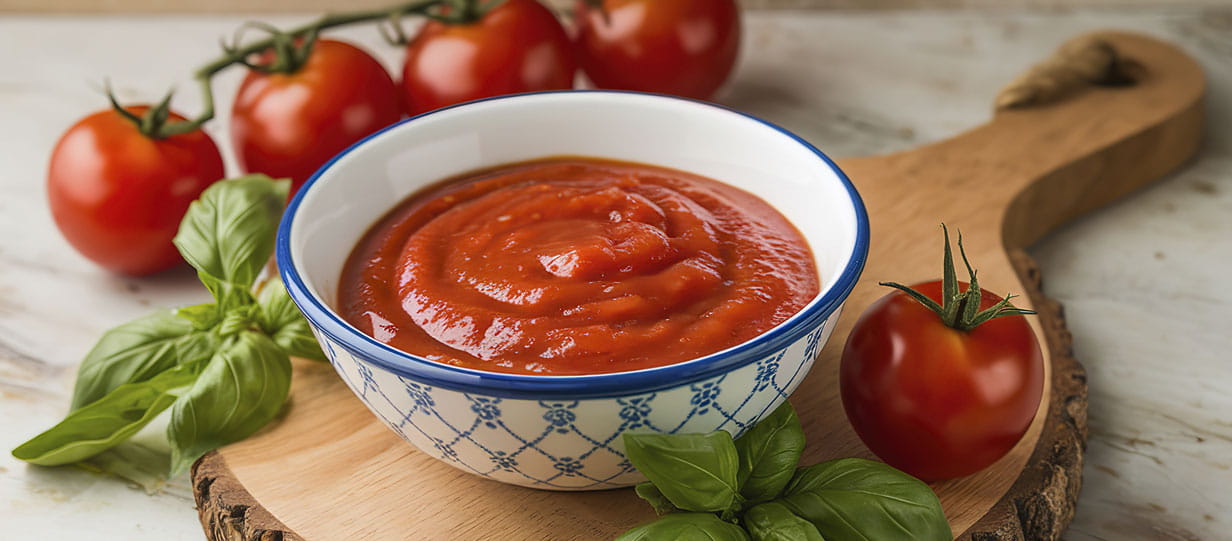 A bowl of passata on a wooden board with fresh tomatoes and basil