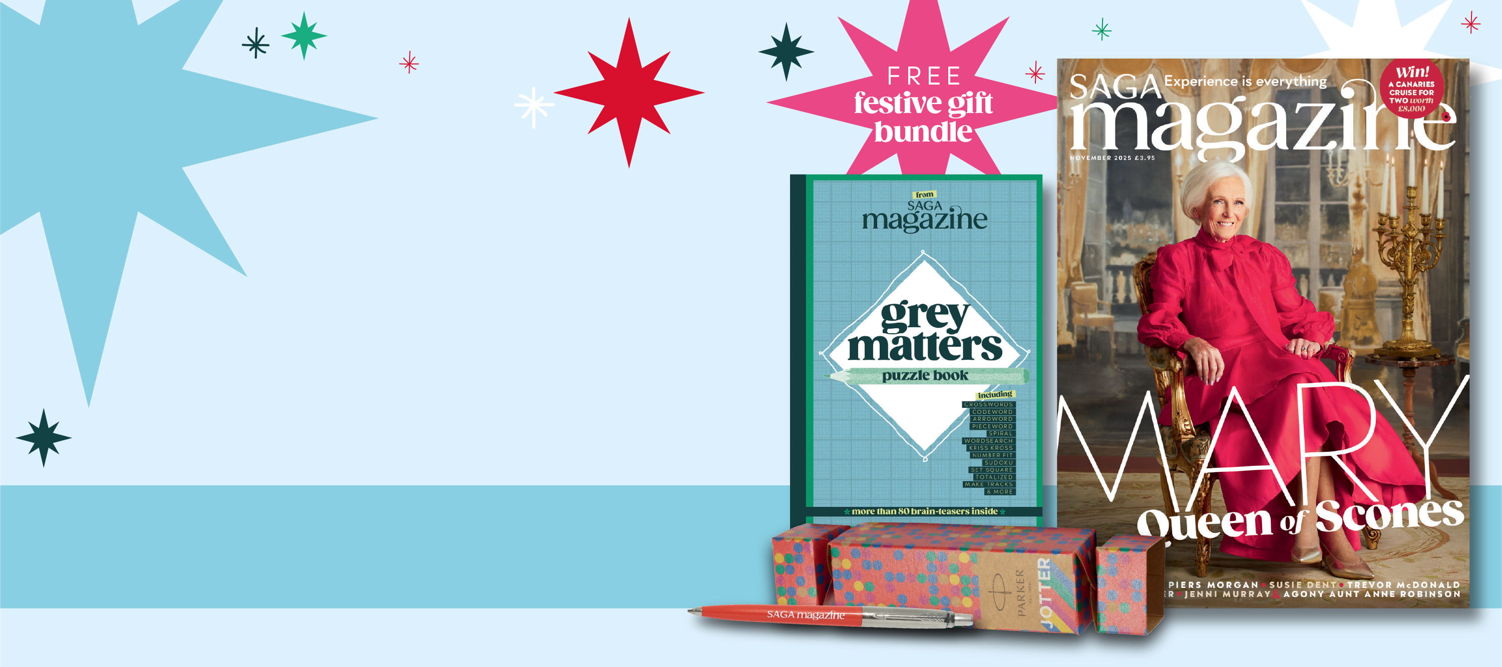 Text reads: Free festive gift bundle in a pink star. Includes a print magazine, a puzzle book and a parker jotter pen