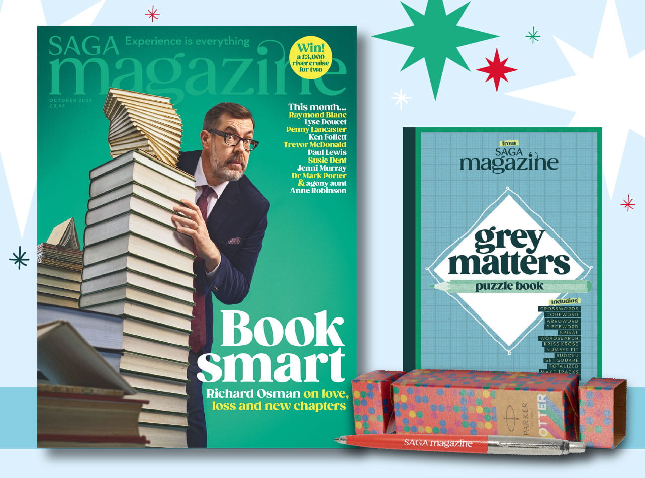 A print magazine, a Christmas cracker and a Parker pen in front of it with a puzzle book titled 'Grey Matters'