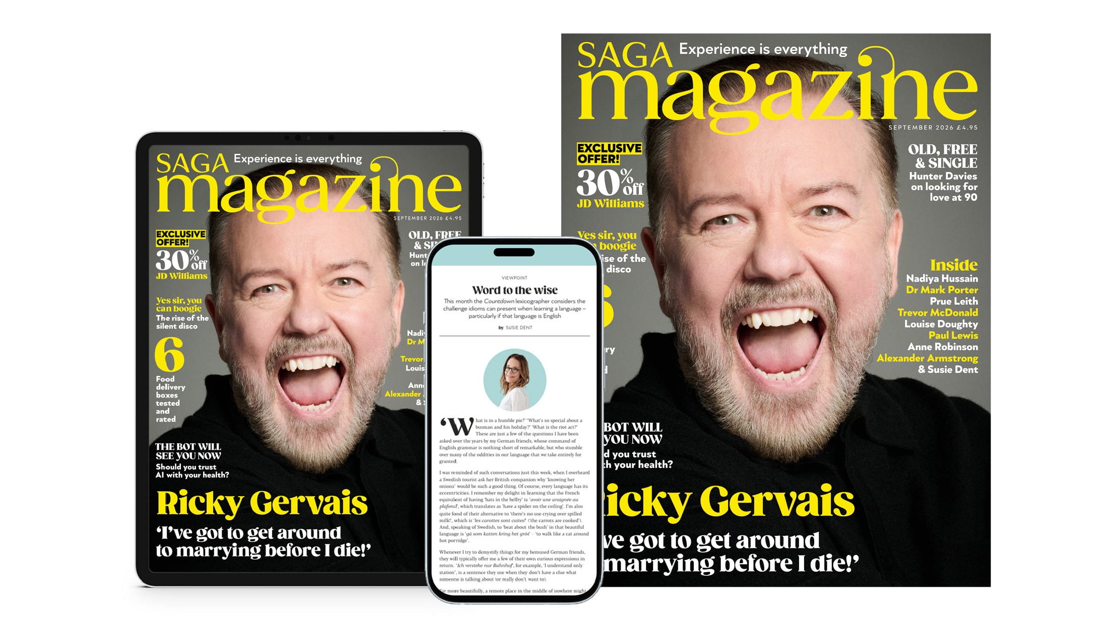 A tablet, a phone and a print magazine
