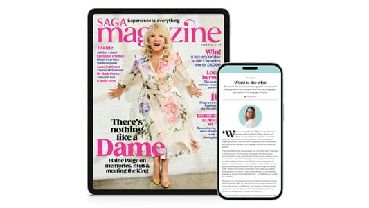 A phone and tablet displaying Saga Magazine content