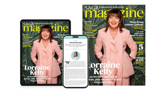 A tablet, a mobile phone and a print cover of Saga Magazine