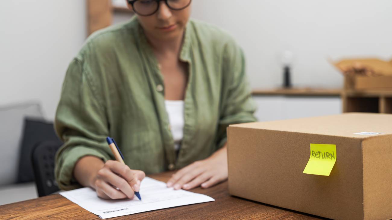 Woman sitting down at a table with a box that says return on it