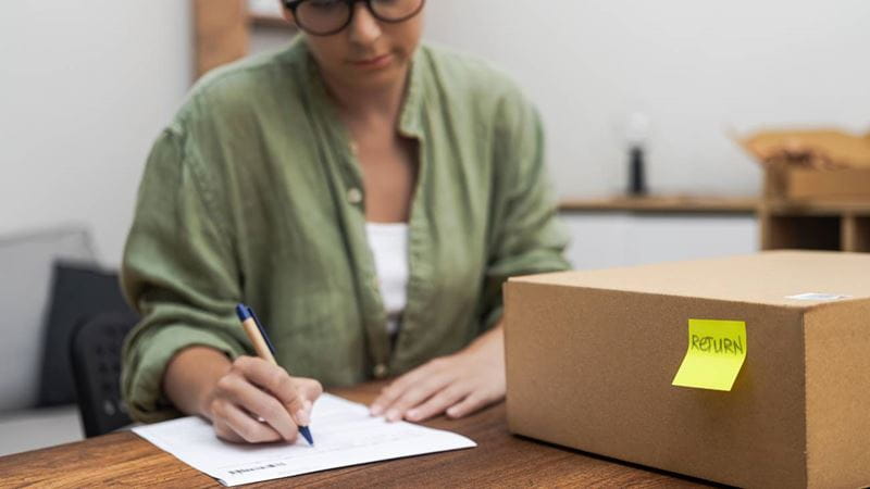 Woman sitting down at a table with a box that says return on it