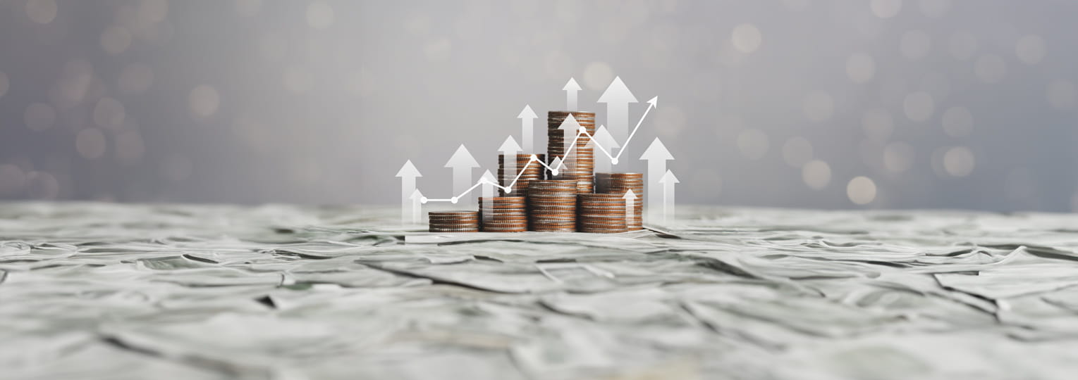 Different sized piles of coins with upward arrows and a line graph superimposed over them