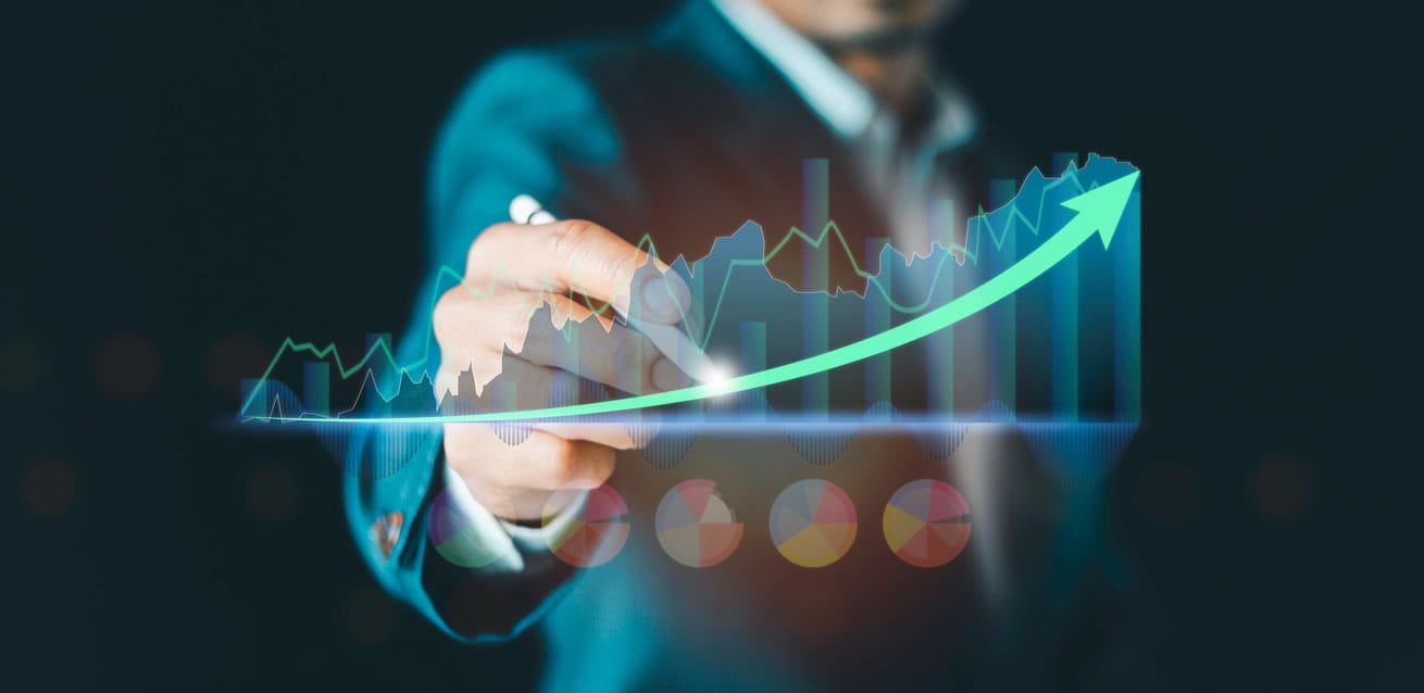 A man holding out a digital upward graph