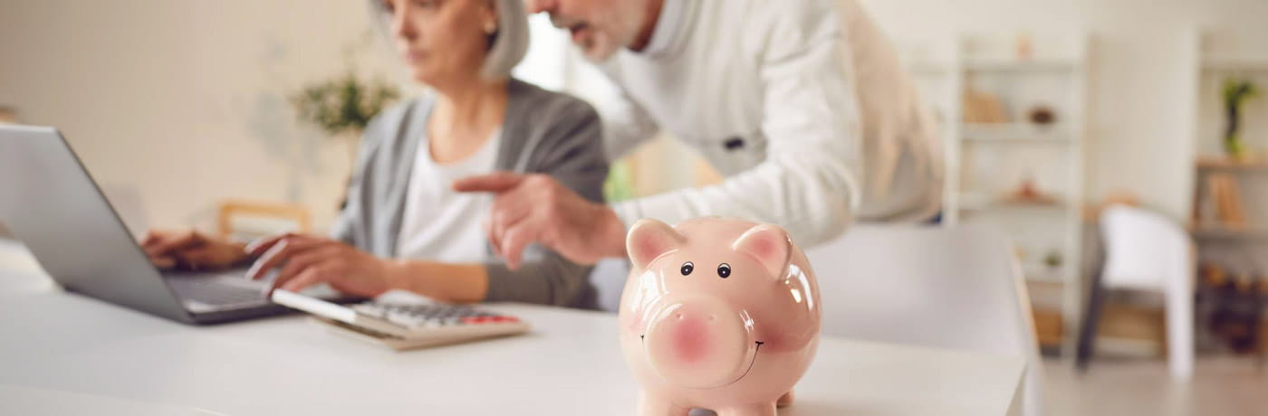 A mature couple looking at a computer screen together, with a piggy bank in front of them