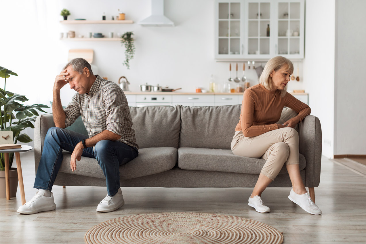 Unhappy Senior Couple Not Speaking After Quarrel Sitting Back-To-Back