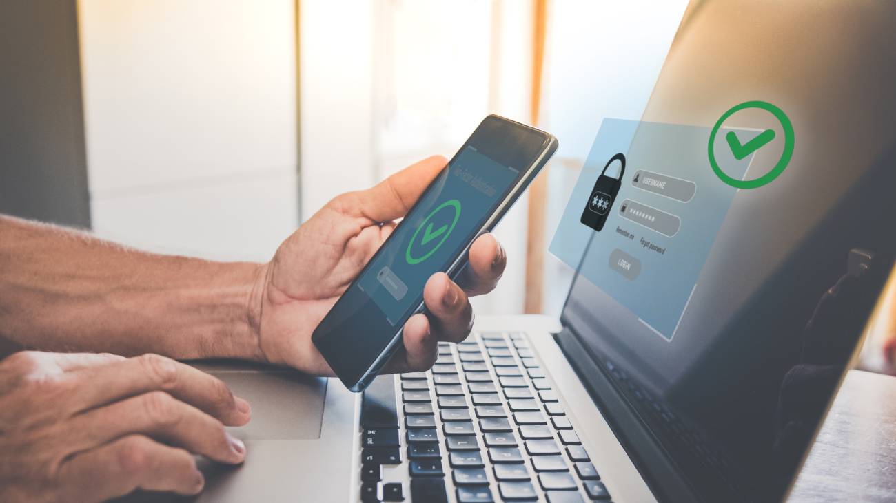 Two factor authentication. Ensure protection, identification concept. Security of online accounts.