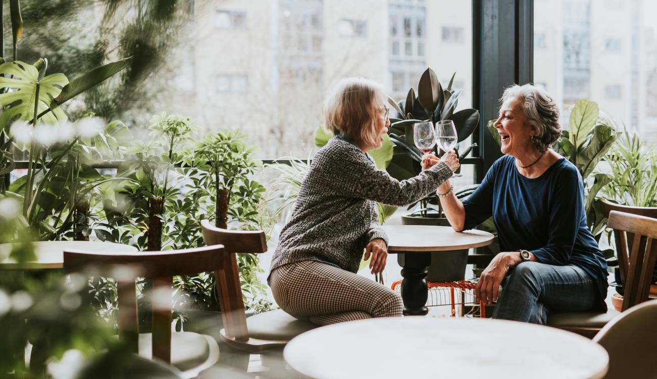 Senior lesbian couple celebrating with wine. Wine and alcohol drink concept